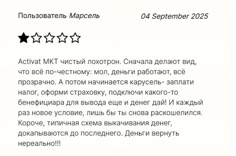 Клонированный лжеброкер Activat MKT не выводит средства и использует множество уловок для обмана инвесторов