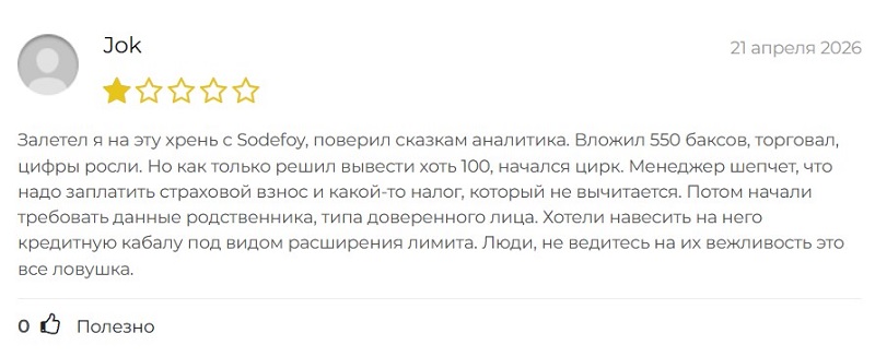 Брокер Sodefoy: очередной клонированный сервис для обмана инвесторов